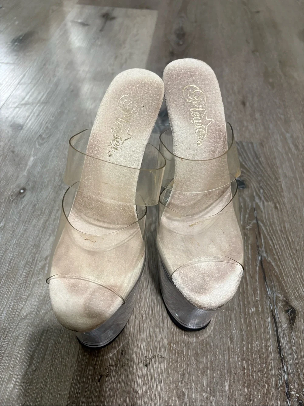 Pleaser Clear Platform Stiletto Mules with Rhinestone Silver Heel